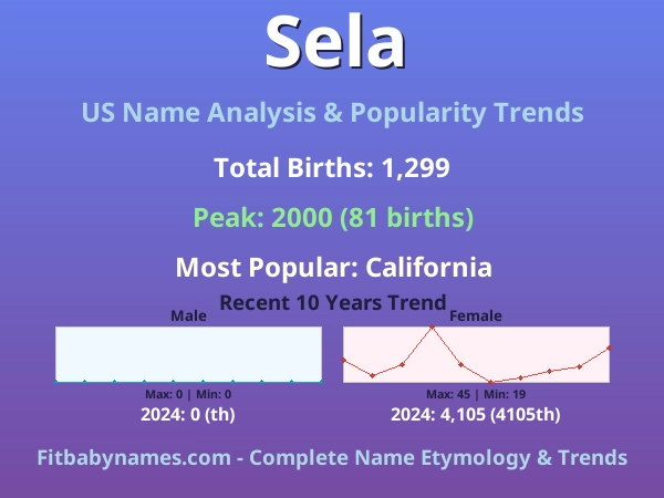 Infographic: Sela name meaning, origin, and popularity trends in the United States (US baby name analysis chart)