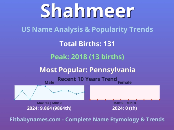 Infographic: Shahmeer name meaning, origin, and popularity trends in the United States (US baby name analysis chart)