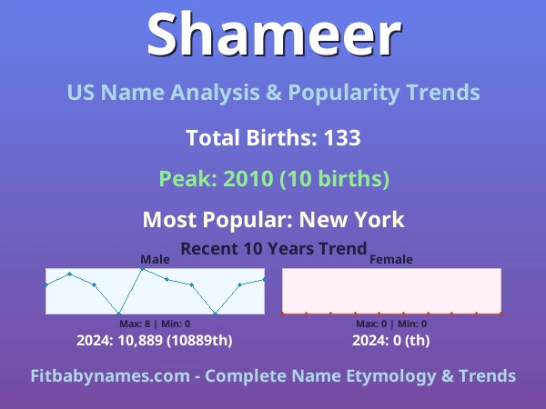 Infographic: Shameer name meaning, origin, and popularity trends in the United States (US baby name analysis chart)