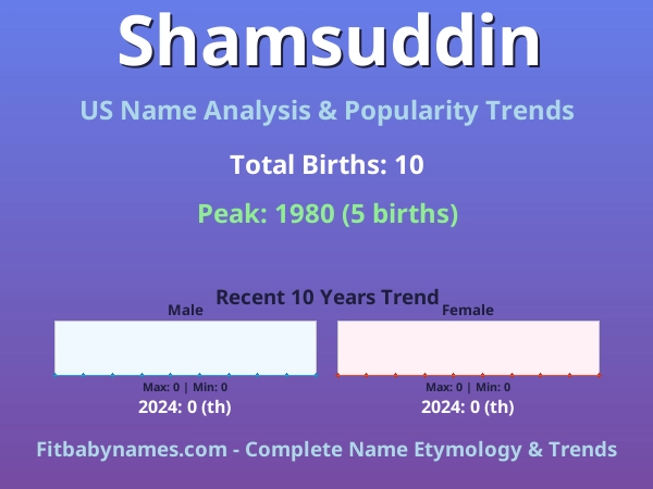 Infographic: Shamsuddin name meaning, origin, and popularity trends in the United States (US baby name analysis chart)