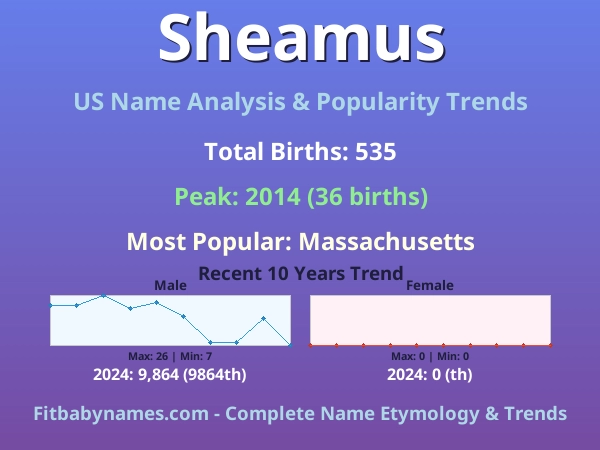Infographic: Sheamus name meaning, origin, and popularity trends in the United States (US baby name analysis chart)