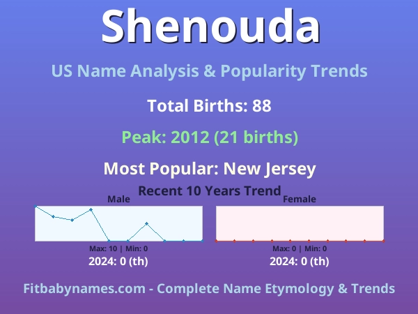 Infographic: Shenouda name meaning, origin, and popularity trends in the United States (US baby name analysis chart)