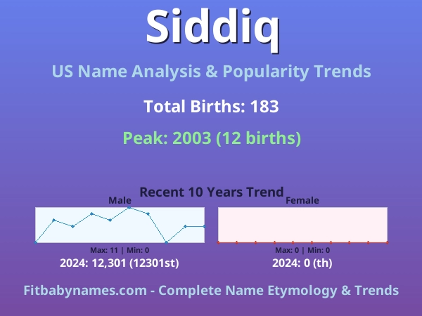 Infographic: Siddiq name meaning, origin, and popularity trends in the United States (US baby name analysis chart)