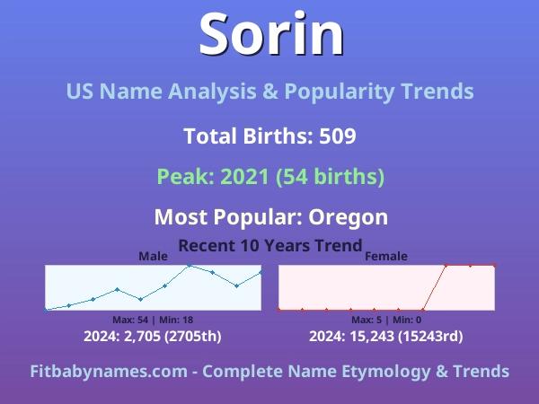 Infographic: Sorin name meaning, origin, and popularity trends in the United States (US baby name analysis chart)