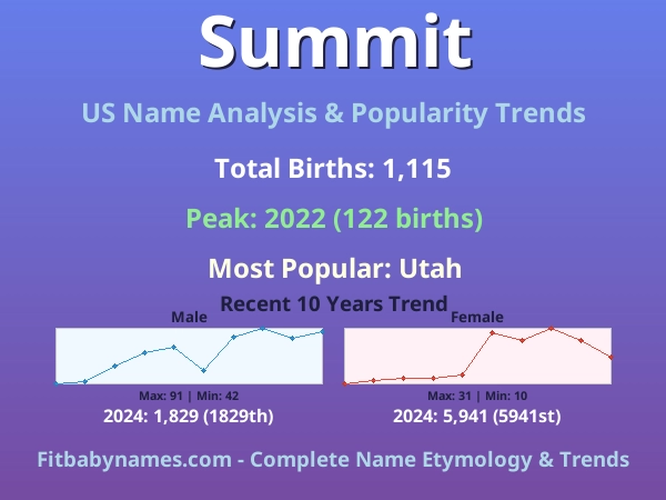 Infographic: Summit name meaning, origin, and popularity trends in the United States (US baby name analysis chart)