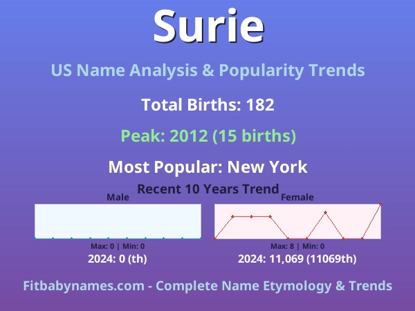 Infographic: Surie name meaning, origin, and popularity trends in the United States (US baby name analysis chart)