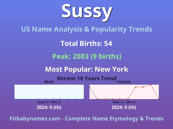 Infographic: Sussy name meaning, origin, and popularity trends in the United States (US baby name analysis chart)