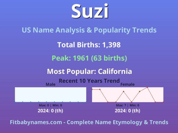 Infographic: Suzi name meaning, origin, and popularity trends in the United States (US baby name analysis chart)