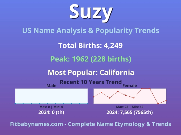 Infographic: Suzy name meaning, origin, and popularity trends in the United States (US baby name analysis chart)