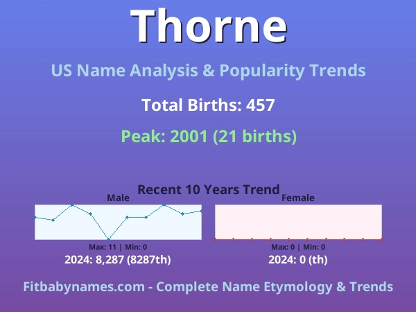 Infographic: Thorne name meaning, origin, and popularity trends in the United States (US baby name analysis chart)