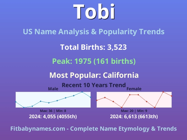 Infographic: Tobi name meaning, origin, and popularity trends in the United States (US baby name analysis chart)