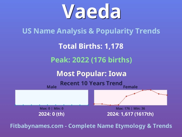 Infographic: Vaeda name meaning, origin, and popularity trends in the United States (US baby name analysis chart)