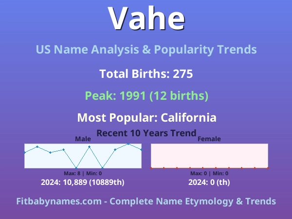 Infographic: Vahe name meaning, origin, and popularity trends in the United States (US baby name analysis chart)