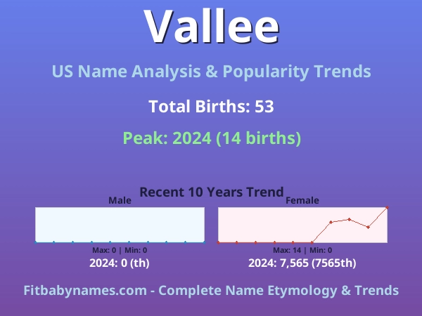 Infographic: Vallee name meaning, origin, and popularity trends in the United States (US baby name analysis chart)