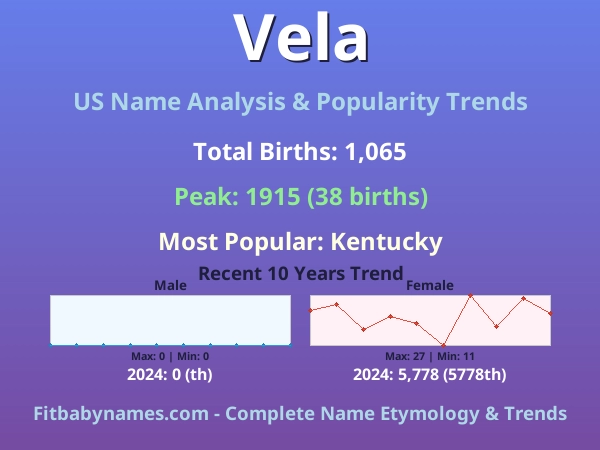 Infographic: Vela name meaning, origin, and popularity trends in the United States (US baby name analysis chart)