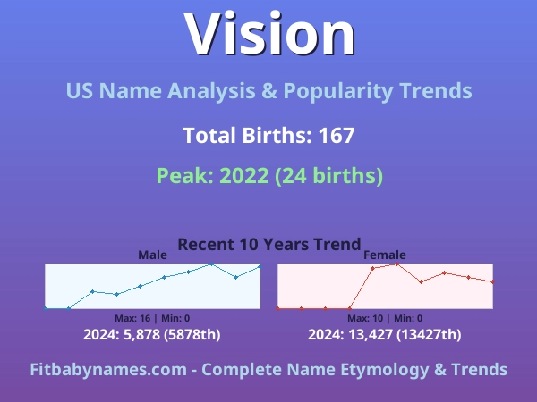 Infographic: Vision name meaning, origin, and popularity trends in the United States (US baby name analysis chart)