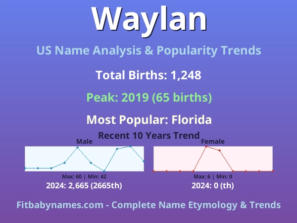 Infographic: Waylan name meaning, origin, and popularity trends in the United States (US baby name analysis chart)