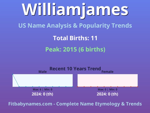 Infographic: Williamjames name meaning, origin, and popularity trends in the United States (US baby name analysis chart)
