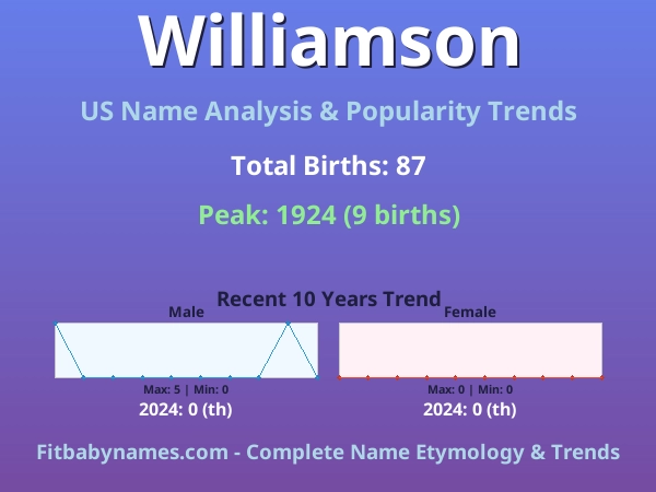 Infographic: Williamson name meaning, origin, and popularity trends in the United States (US baby name analysis chart)