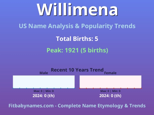 Infographic: Willimena name meaning, origin, and popularity trends in the United States (US baby name analysis chart)