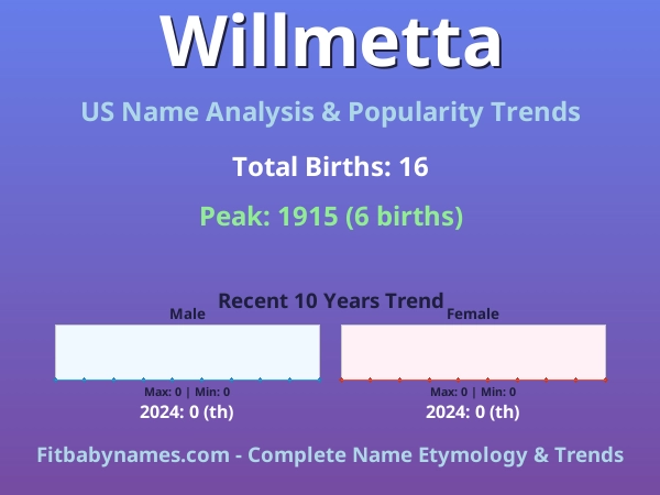 Infographic: Willmetta name meaning, origin, and popularity trends in the United States (US baby name analysis chart)