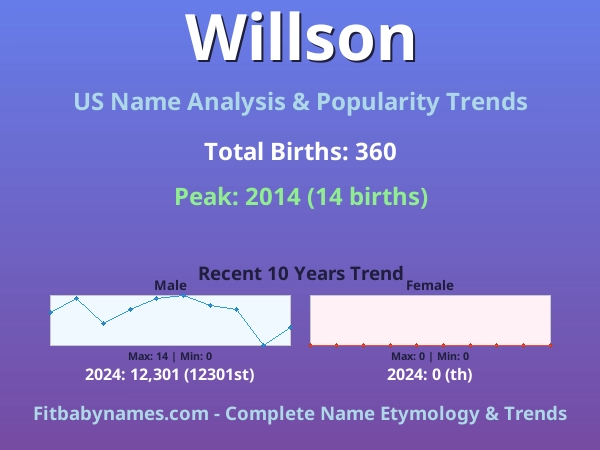 Infographic: Willson name meaning, origin, and popularity trends in the United States (US baby name analysis chart)