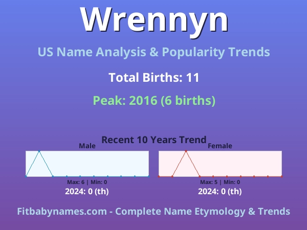 Infographic: Wrennyn name meaning, origin, and popularity trends in the United States (US baby name analysis chart)