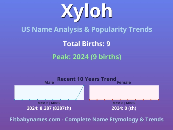 Infographic: Xyloh name meaning, origin, and popularity trends in the United States (US baby name analysis chart)