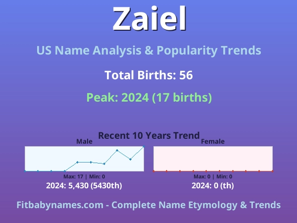 Infographic: Zaiel name meaning, origin, and popularity trends in the United States (US baby name analysis chart)