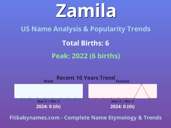 Infographic: Zamila name meaning, origin, and popularity trends in the United States (US baby name analysis chart)