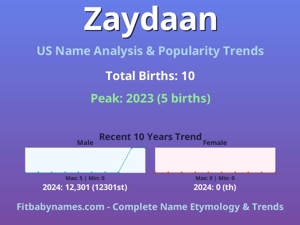 Infographic: Zaydaan name meaning, origin, and popularity trends in the United States (US baby name analysis chart)