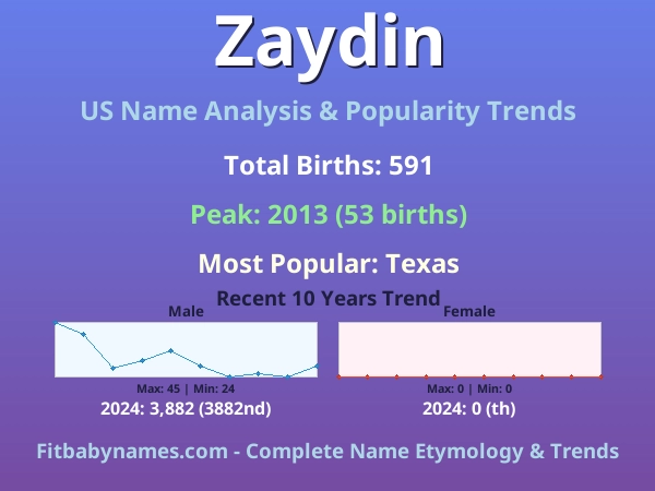 Infographic: Zaydin name meaning, origin, and popularity trends in the United States (US baby name analysis chart)