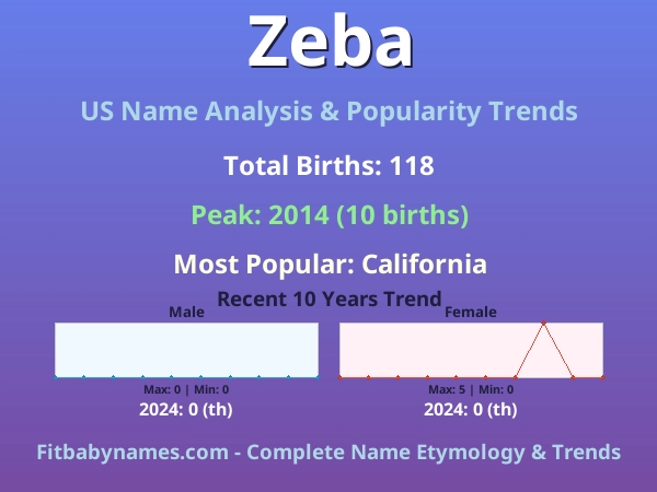 Infographic: Zeba name meaning, origin, and popularity trends in the United States (US baby name analysis chart)