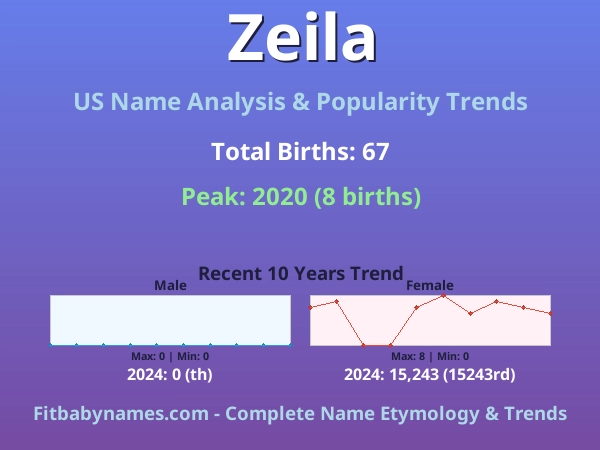 Infographic: Zeila name meaning, origin, and popularity trends in the United States (US baby name analysis chart)