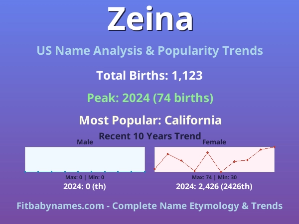 Infographic: Zeina name meaning, origin, and popularity trends in the United States (US baby name analysis chart)