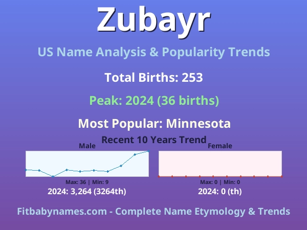 Infographic: Zubayr name meaning, origin, and popularity trends in the United States (US baby name analysis chart)