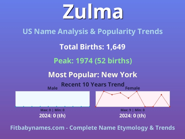 Infographic: Zulma name meaning, origin, and popularity trends in the United States (US baby name analysis chart)